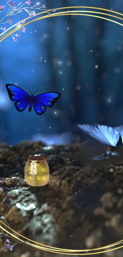 Enchanting forest scene with blue butterflies glowing in a mystical atmosphere.