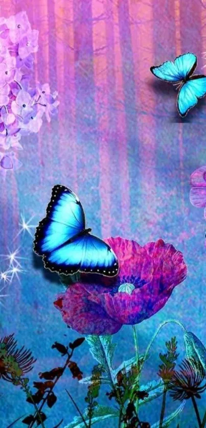 Vibrant butterfly forest wallpaper with colorful flowers and ethereal design.