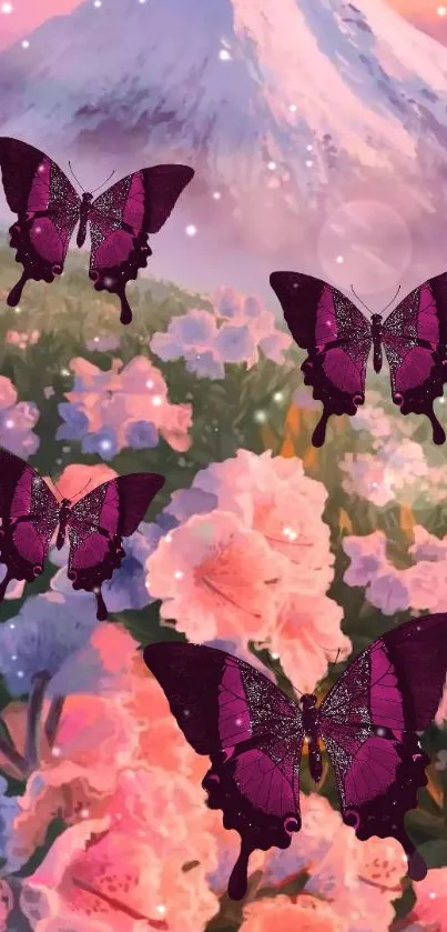 Vibrant butterflies over a floral and mountain background in digital art.