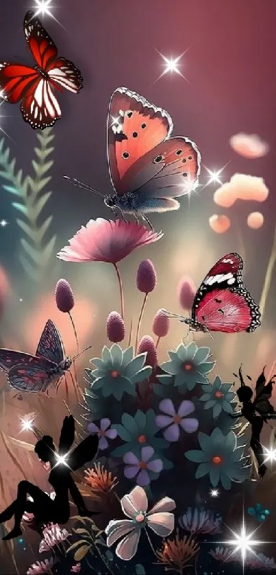 Fantasy butterfly garden with enchanting flowers and magical sparkle accents.