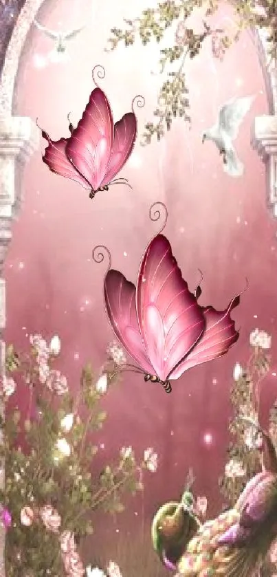 Magical garden with pink butterflies and doves in a floral archway.