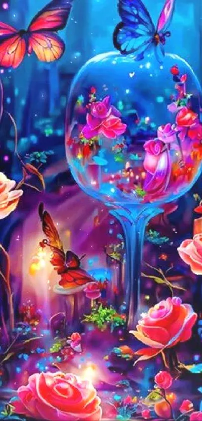 Enchanting wallpaper with butterflies and glowing roses in vibrant colors.