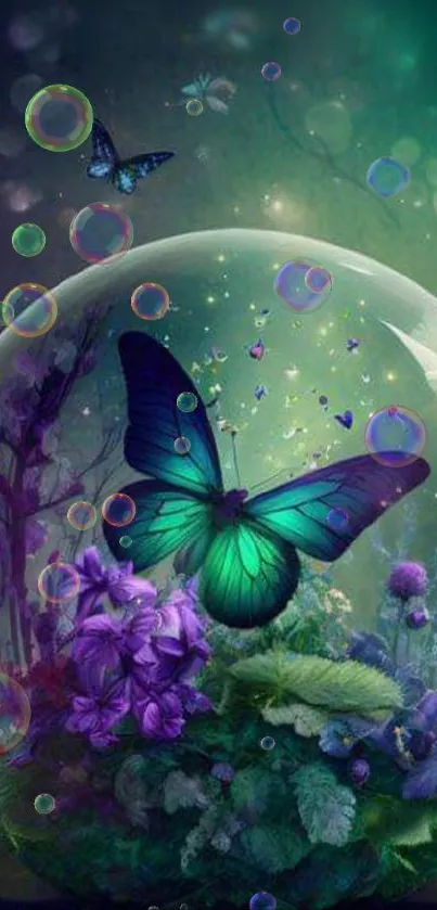 Vibrant butterfly within a glass globe against a lush green background.