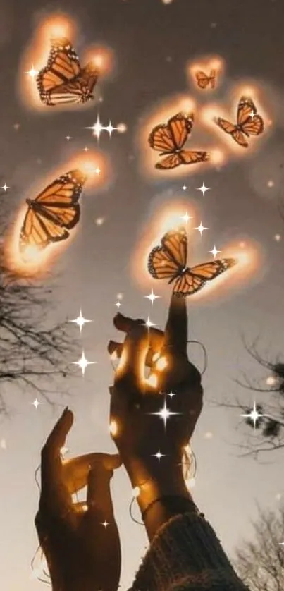 Magical glow of butterflies in twilight with silhouetted hands.