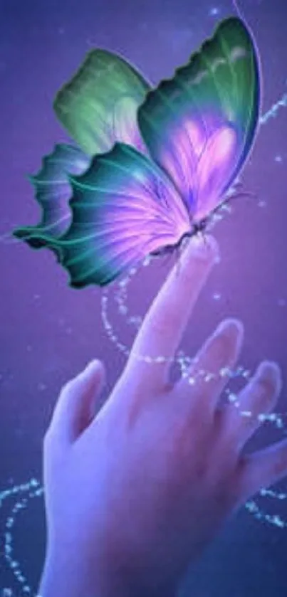 Purple butterfly glows on a hand with a starry background.