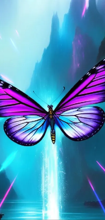 A vibrant purple butterfly against a teal fantasy landscape.