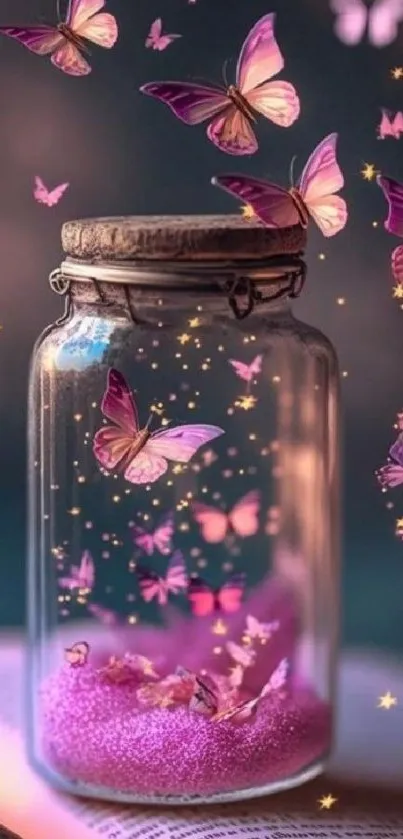 Jar with glowing pastel butterflies, magical vibe.