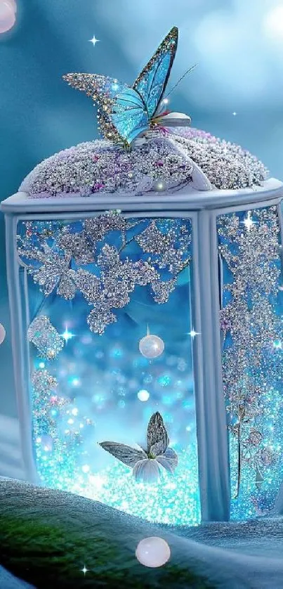 Enchanting light blue butterfly lantern mobile wallpaper.