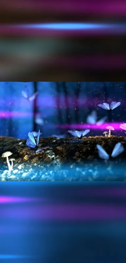 Mystical night scene with glowing butterflies on a dark forest floor.