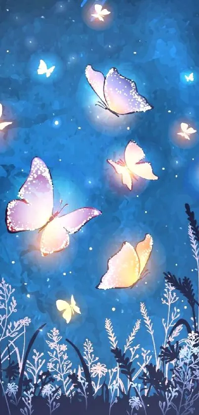 Glowing butterflies in a starry blue night sky.