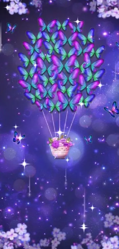 Purple butterfly balloon floats in starry night sky.