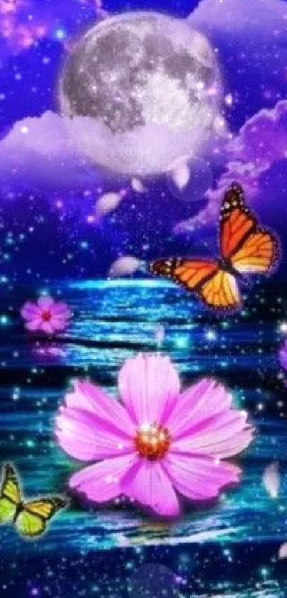 Moonlit night with butterflies over a serene ocean and pink flowers.