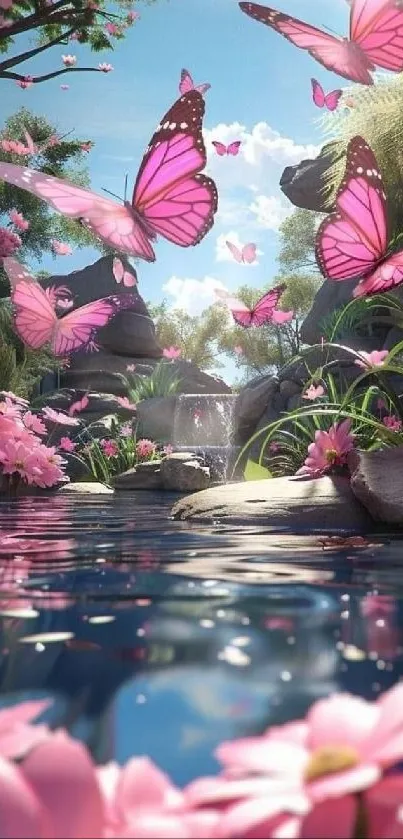 Vibrant pink butterflies in serene garden oasis.