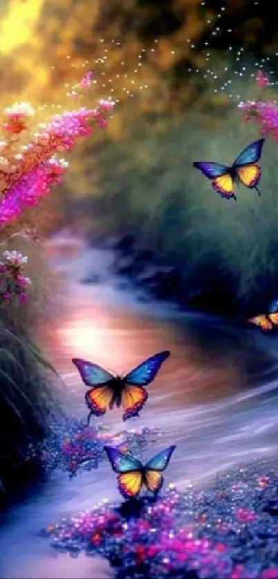 Butterflies flutter over a magical stream in this vibrant mobile wallpaper.