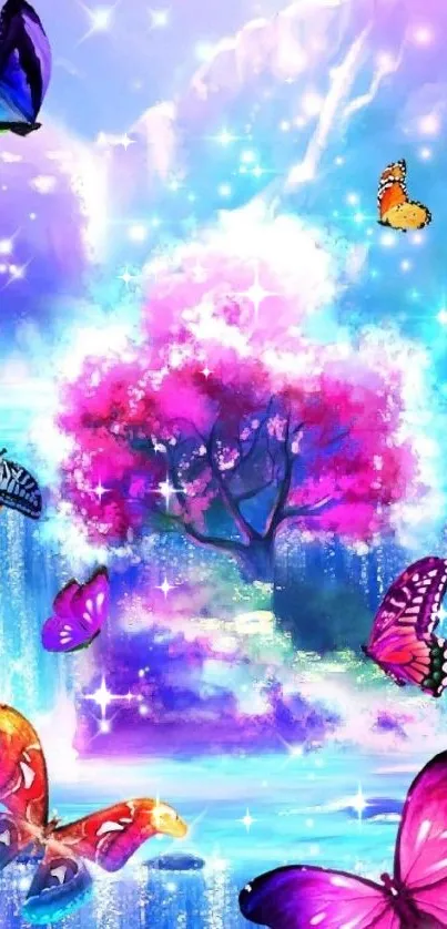 Vibrant butterflies with pink tree in enchanting landscape.