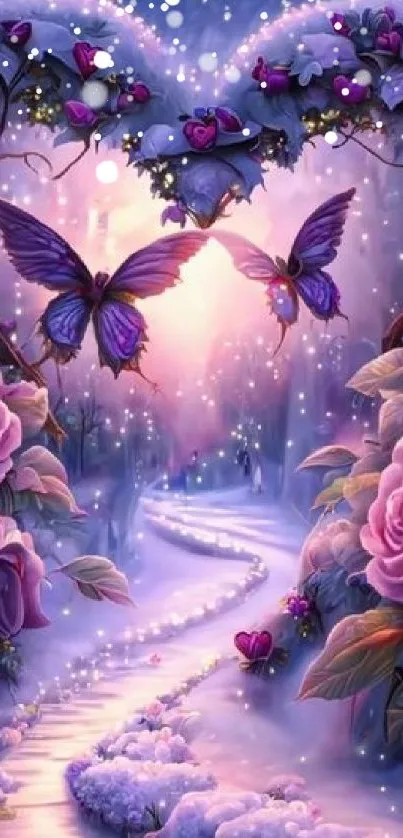 Magical heart arch with roses and butterflies in a mystical glow.