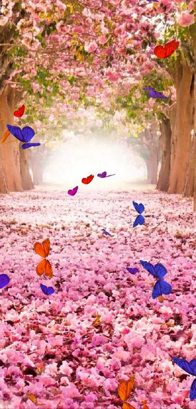 A vibrant pathway filled with petals and butterflies.