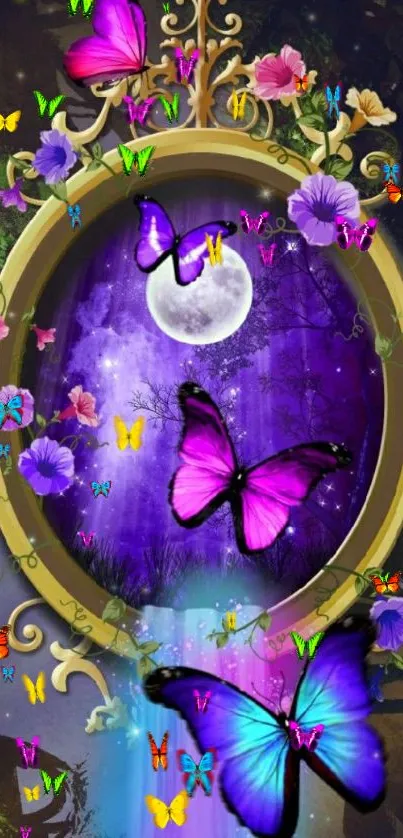 Mystical butterfly portal with moonlit scene and vibrant colors.