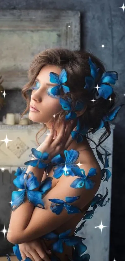 Woman adorned with blue butterflies in an elegant artistic setting.