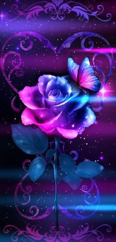 Purple rose with butterfly on starry background wallpaper.