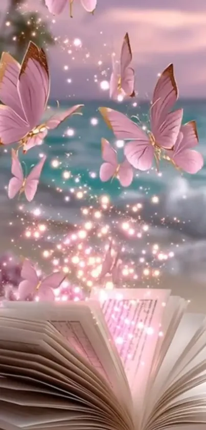 Butterflies emerging from an open book by the sea at sunset.