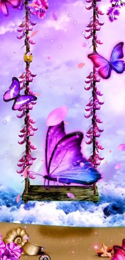 Purple butterfly swing with pink blossoms in a dreamy sky.