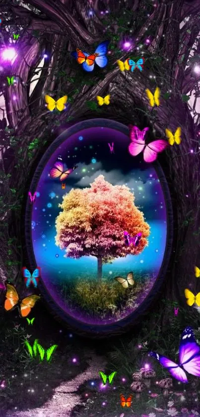 Mystical tree with colorful butterflies.