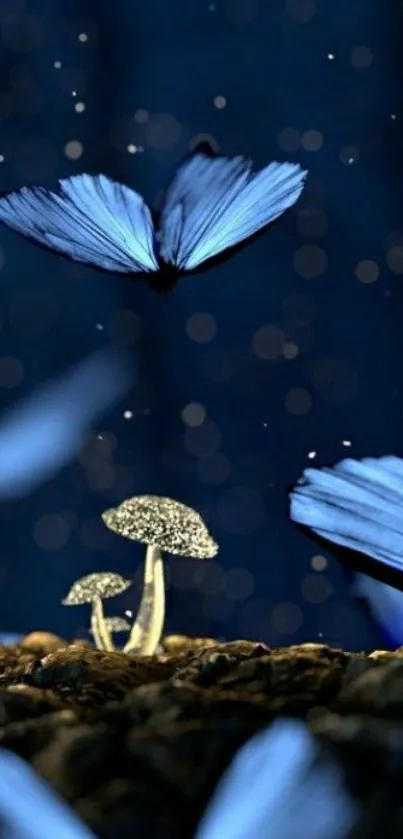 Blue butterflies and glowing mushrooms on a dark background, creating a mystical scene.