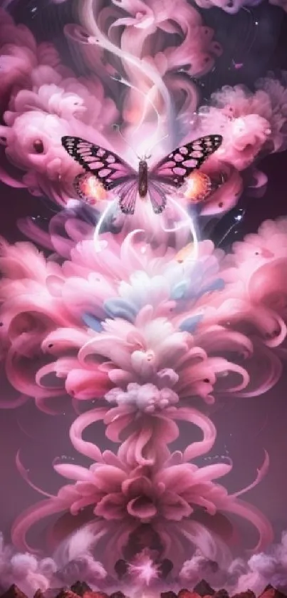 Dreamy pink butterfly with swirling clouds wallpaper.