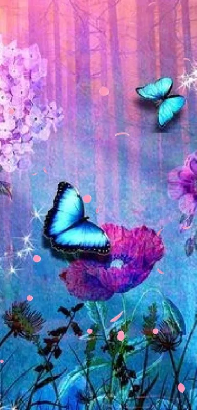 Colorful butterflies with flowers in a magical forest setting.