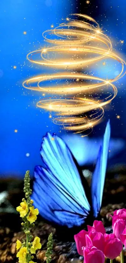 Mystical blue butterfly with flowers and golden spirals.