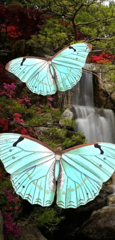 Turquoise butterflies flutter by a scenic waterfall in a lush garden.