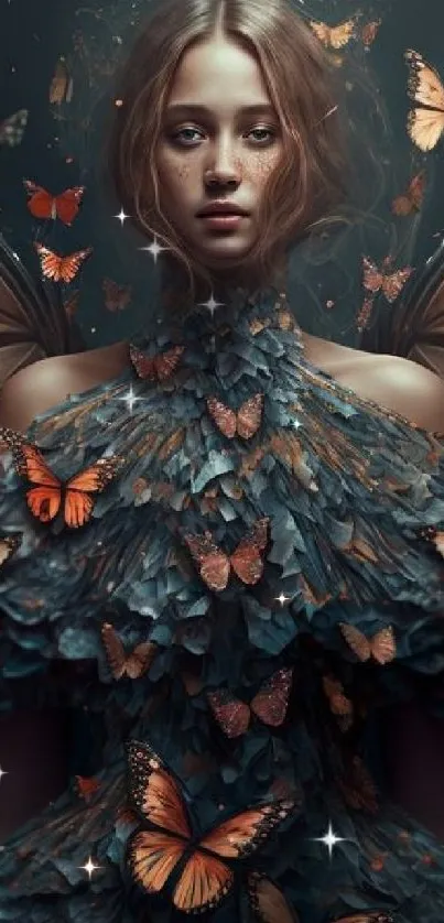 Enchanting woman with butterfly wings in fantasy art wallpaper.