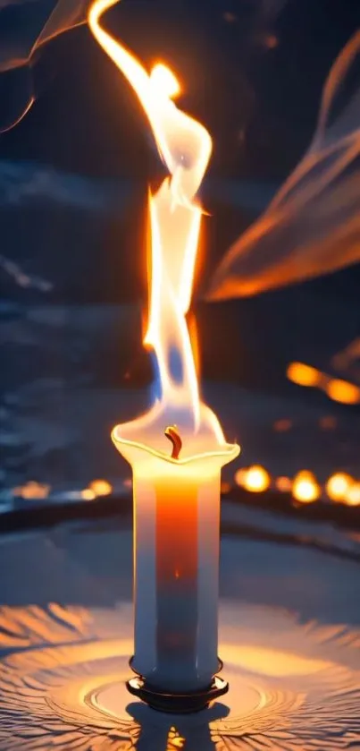 A candle with a tall, flickering flame in a dark, atmospheric setting.