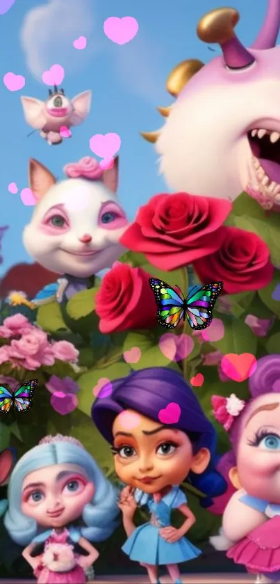 Cartoon characters in a colorful fantasy world with flowers and butterflies.