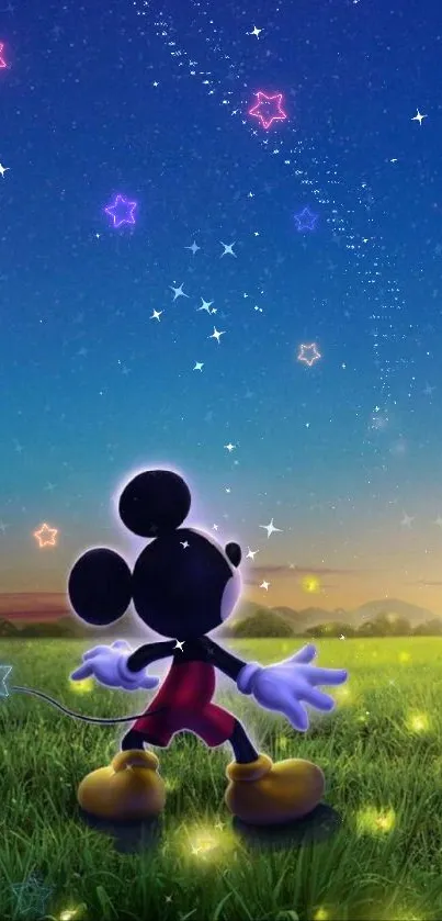 Cartoon character enjoying a starry night sky with vibrant colors and grassy field.