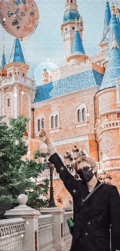 Man holding balloon in front of castle with blue rooftops.