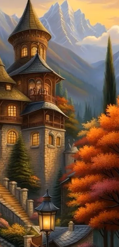Enchanting castle surrounded by autumn trees and mountain backdrop.