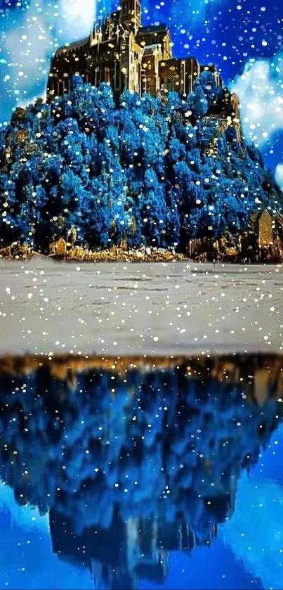 Enchanting castle with blue reflection and snowflakes under a cloudy sky.