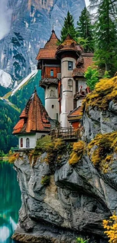Enchanting castle by a mountain lake with lush greenery.