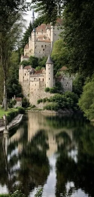 Castle by a tranquil river with lush greenery.