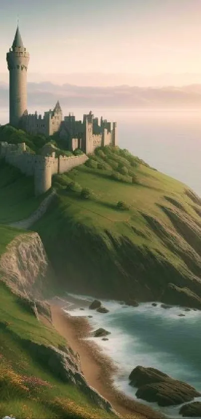 Scenic castle by the sea with lush green hills and calming ocean.