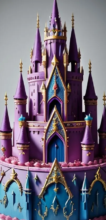 Whimsical purple castle cake with intricate gold details.