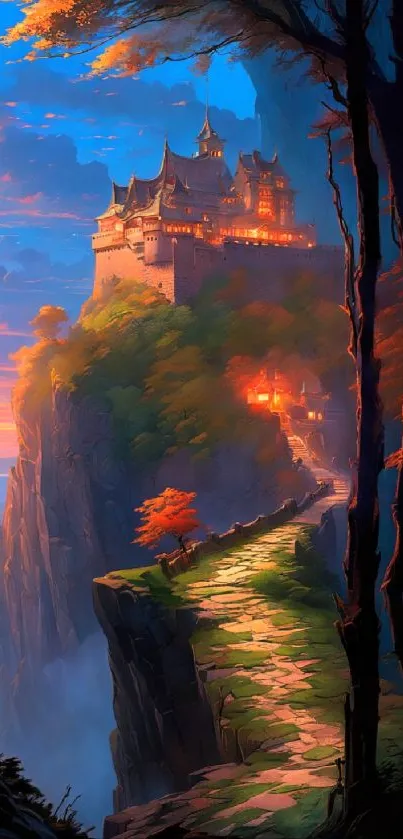 Enchanting castle on a cliff at sunset with vibrant blue sky.