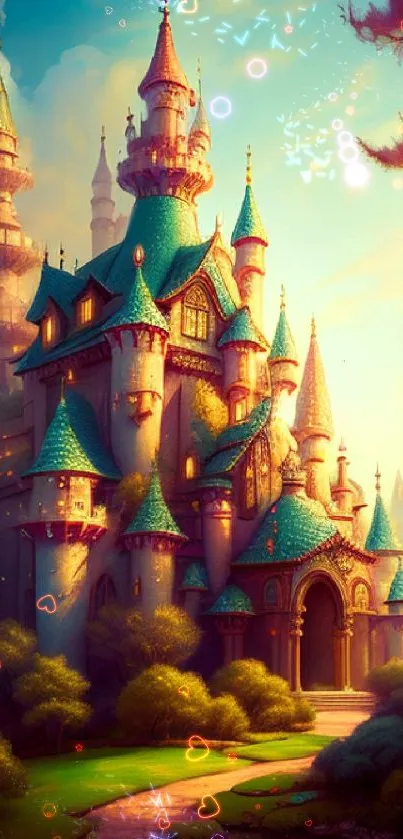 Fantasy castle art with teal rooftops and lush scenery.