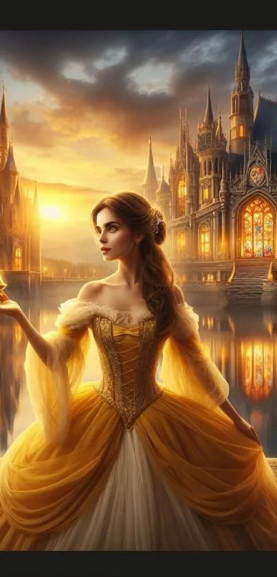 Fantasy artwork of a woman in golden attire holding a light with a castle in the background.