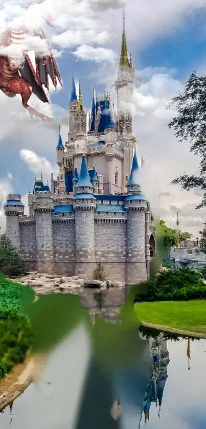 Fantasy castle with dragon over lush scenery and vibrant sky.