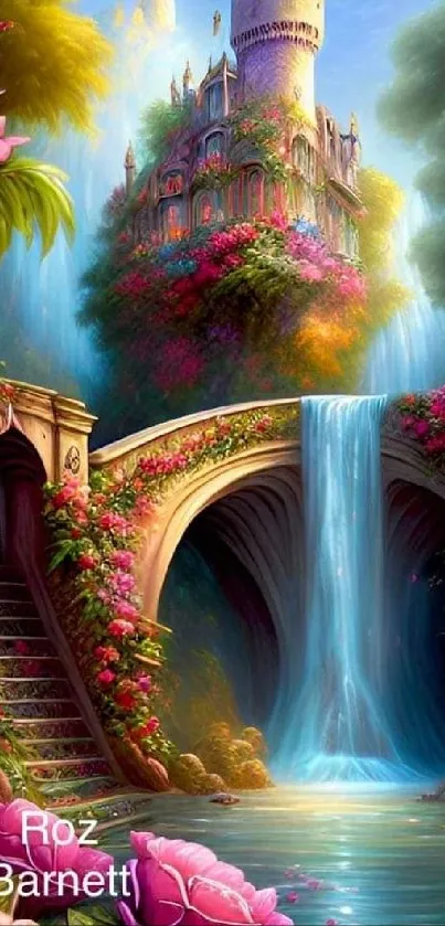 Colorful fantasy castle with waterfall and vibrant flowers wallpaper.