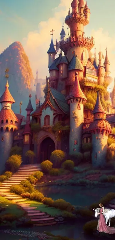 Fantasy castle wallpaper with lush landscape.