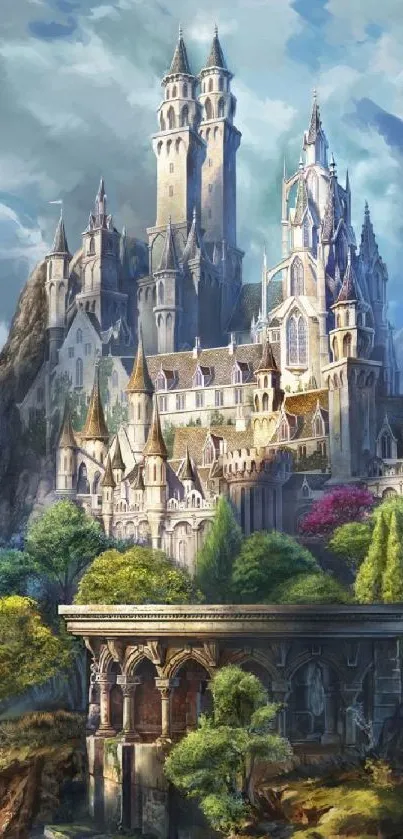 Fantasy castle with towers and lush landscape.